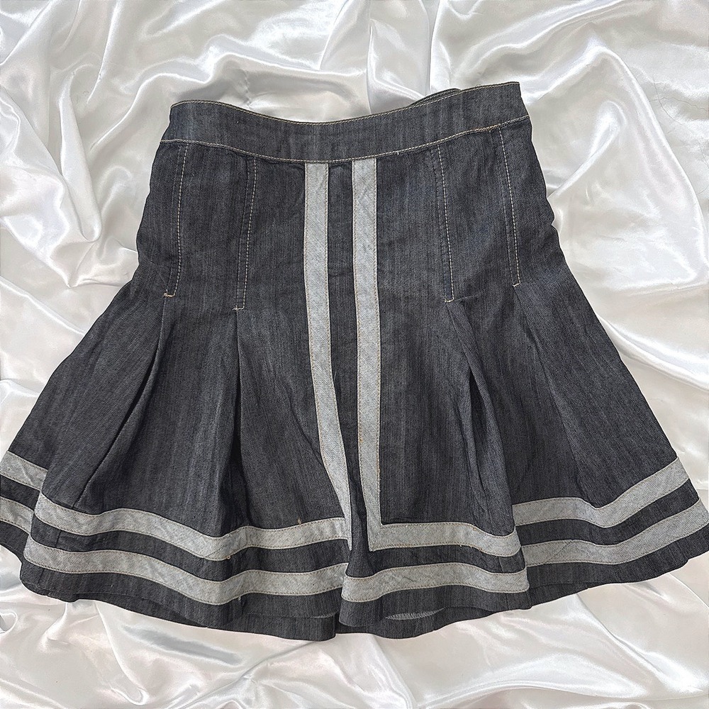 Baccini Dark Wash Denim Pleated Mini Skirt Racing Stripes Y2K Size 12P